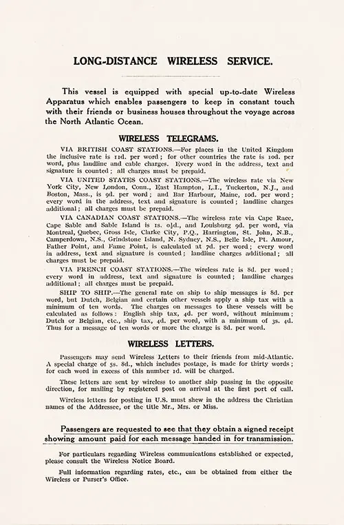 Long-Distance Wireless Service. RMS Ausonia Cabin Passenger List from 29 September 1928.