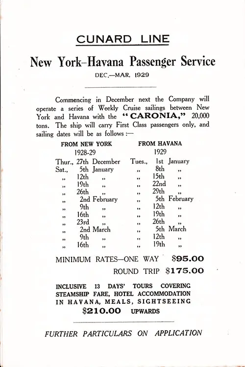 Cunard Line New York-Havana Passenger Service, December 1928-March 1929.