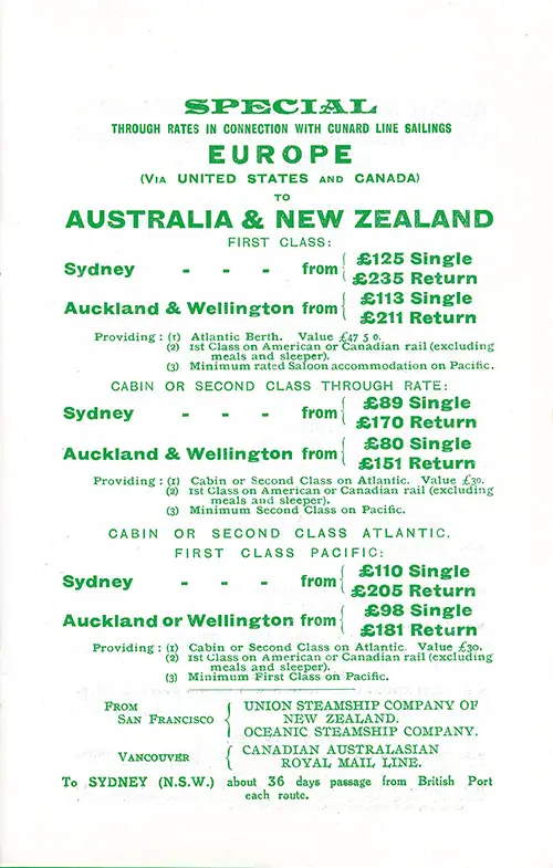 Special Through Rates in Connection with Cunard Line Sailings, Europe via The United States and Canada to Australia and New Zealand, 1925.