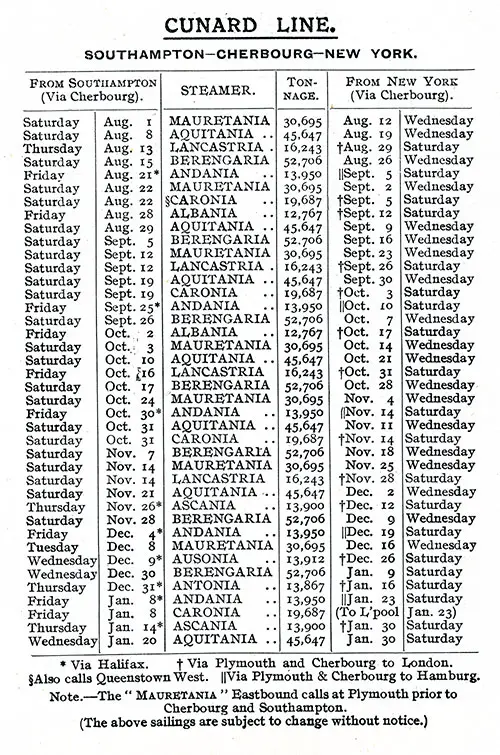 Sailing Schedule, Southampton-Cherbourg-New York, from 1 August 1925 to 30 January 1926.