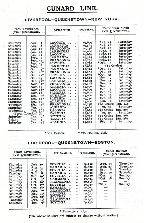 Sailing Schedule, Liverpool-Queenstown (Cobh)-New York and Liverpool-Queenstown (Cobh)-Boston, from 30 July 1925 to 6 February 1925.