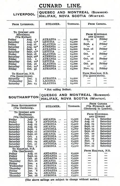 Sailing Schedule, Liverpool or Southampton-Canadian Ports, from 31 July 1925 to 28 January 1926.