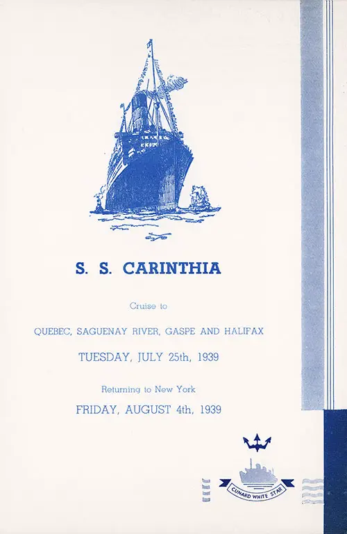Title Page, SS Carinthia Cruise Passenger List, 25 July 1939.
