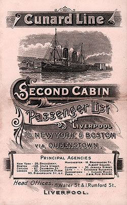 Front Cover of a Second Cabin Passenger List for the RMS Etruria of the Cunard Line, Departing Saturday, 11 June 1904 from Liverpool to New York and Boston via Queenstown (Cobh).