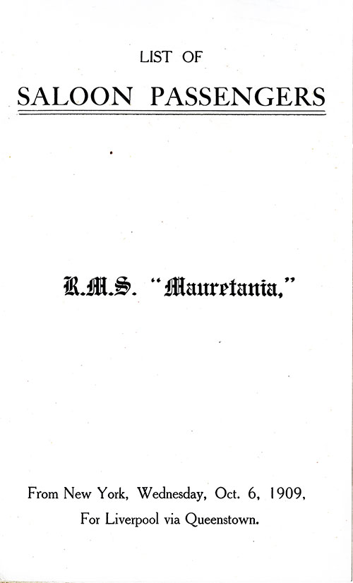 Title Page, RMS Mauretania Saloon Passenger List, 6 October 1909.