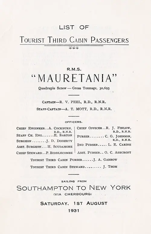 Title Page with Listing of Senior Officers and Staff, RMS Mauretania Tourist Third Cabin Passenger List, 1 August 1931.