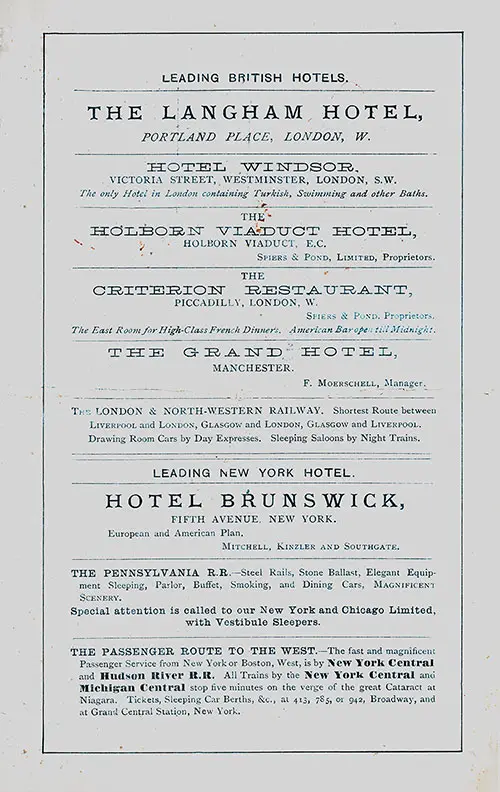 Back Cover of a Cunard Line RMS Umbria Saloon Passenger List from 9 June 1888.