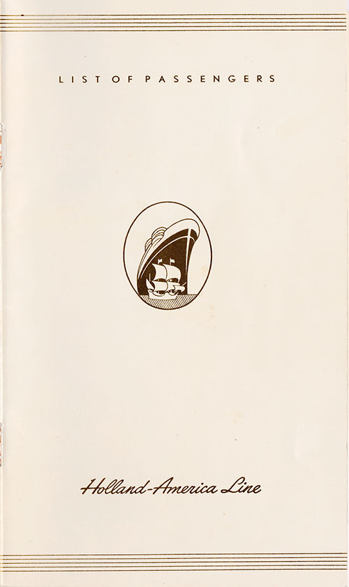 Front Cover of a First Class, Cabin, and Tourist Class Passenger List from the SS Nieuw Amsterdam of the Holland-America Line, Departing 5 October 1951 from Rotterdam to New York