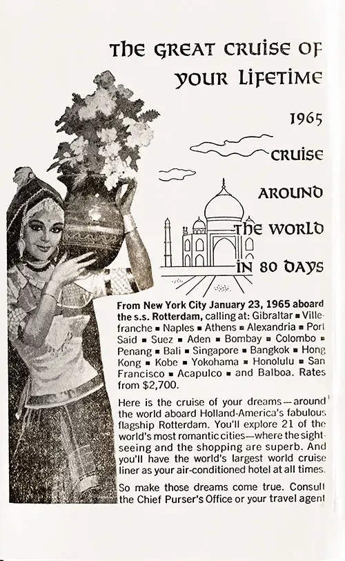 Advertisement: Cruse Around the World in 80 Days on the SS Rotterdam, 1965.