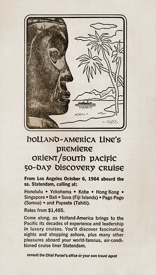Advertisement: Holland-America Line's Premiere Orient/South Pacific 50-Day Discovery Cruise, October 1964.
