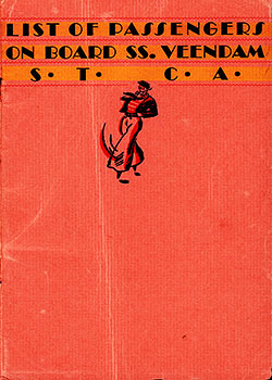 Front Cover of a STCA Passenger List from the TSS Veendam of the Holland-America Line, Departing 16 June 1928 from New York to Rotterdam via Plymouth and Boulogne-sur-Mer.
