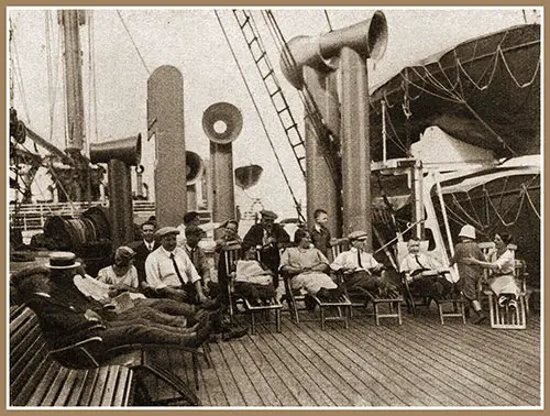 Third Class Passengers Relaxing on the SS Deutschland (1923) Promenade Deck.