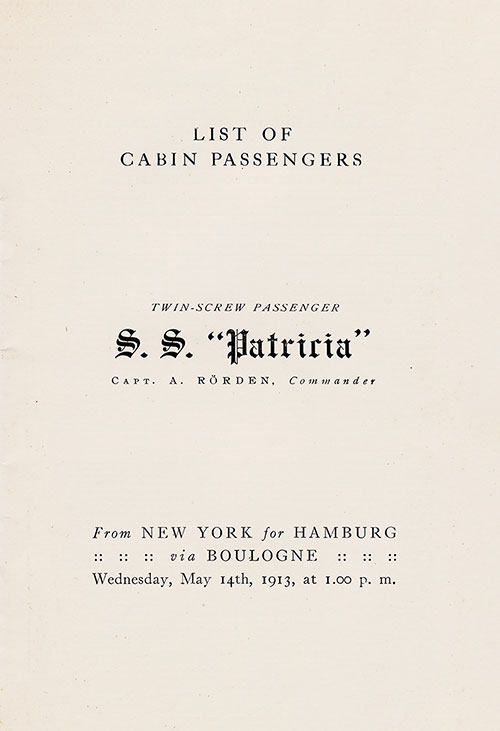 Title Page, SS Patricia Cabin Passenger List, 14 May 1913.
