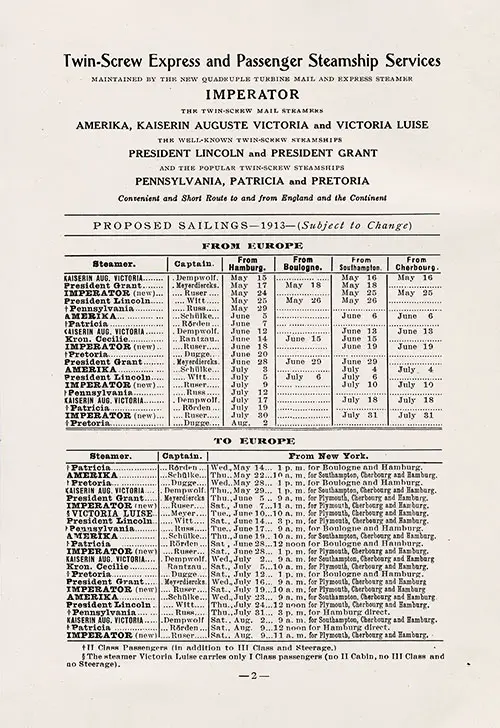 Sailing Schedule, United States-Europe, from 14 May 1913 to 9 August 1913.