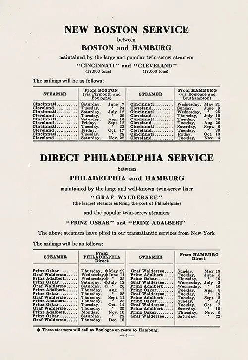 Sailing Schedule, Boston-Hamburg and Philadelphia-Hamburg, from 18 May 1913 to 18 December 1913.