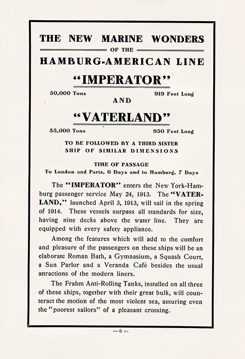 Announcement of The New Marine Wonders of the Hamburg-American Line, "Imperator" 50,000 Tons and 919 Feet Long, and "Vaterland" 55,000 Tons and 950 Feet Long.