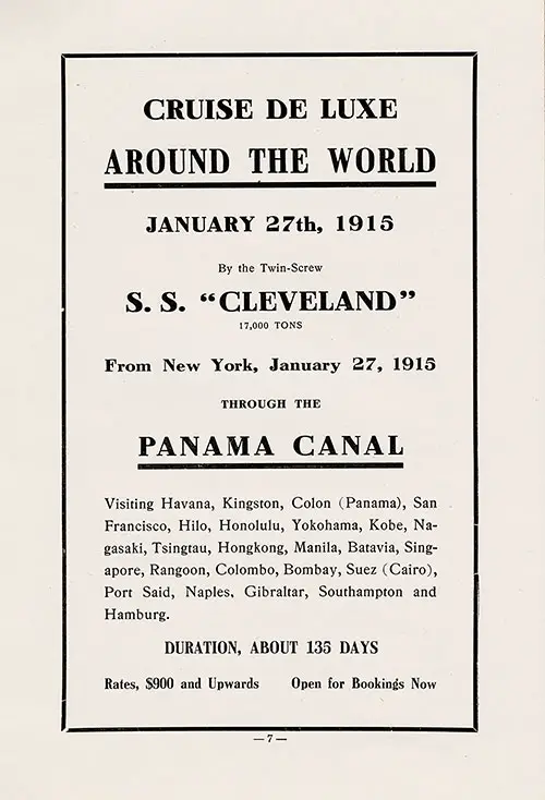 Advertisement: Cruise Deluxe Around the World, 27 January 1915 by the Twin-Screw SS Cleveland, 17,000 Tons.