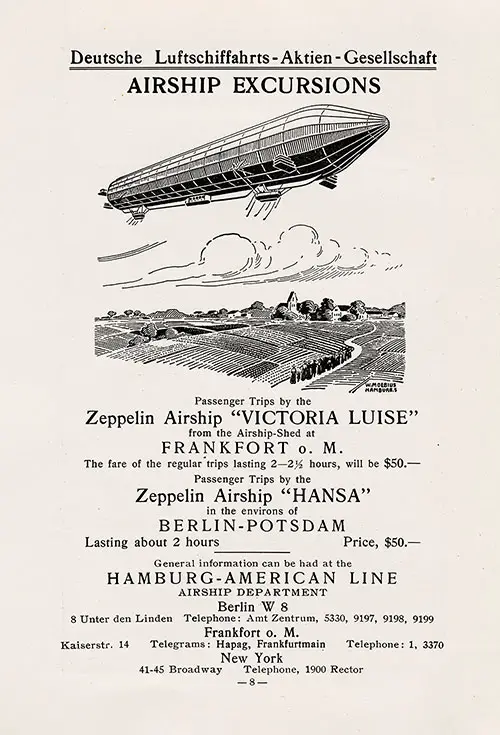 Advertisement: AIRSHIP EXCURSIONS Passenger Trips by the Zeppelin Airship "VICTORIA LUISE" from the Airship-Shed at FRANKFORT o. M., 1913.