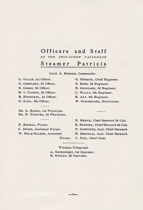 Listing of Senior Officers and Staff for the 14 May 1913 Voyage of the SS Patricia from New York to Hamburg via Boulogne-sur-Mer.