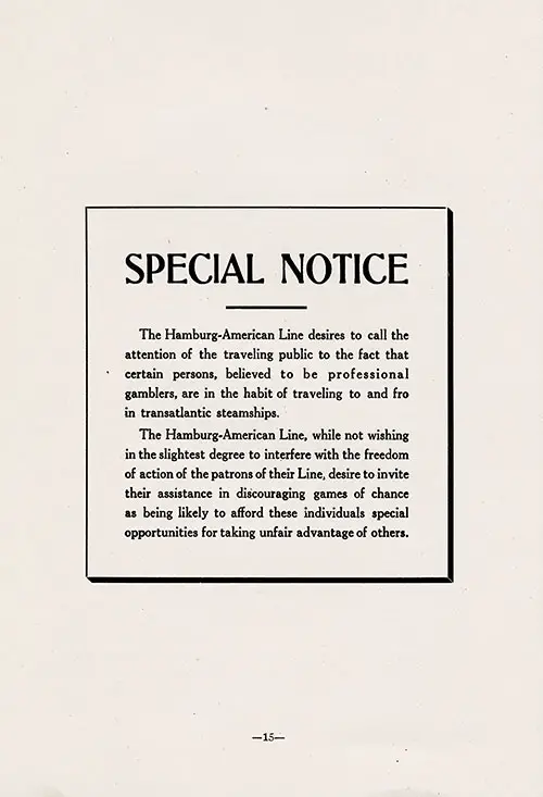 Special Notice - Professional Gamblers on Board. SS Patricia Passenger List, 14 May 1913