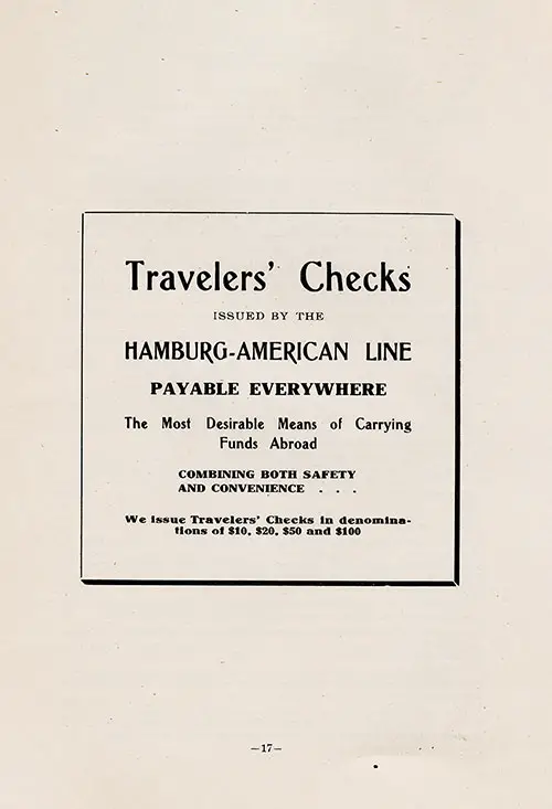 Hamburg-American Line Travelers Checks. SS Patricia Passenger List, 14 May 1913.