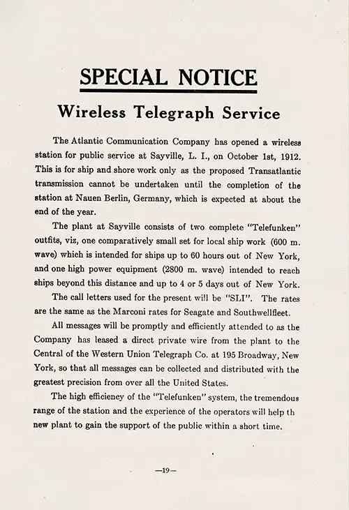 Special Notice - Wireless Telegraph Service.