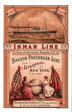 Front Cover, Saloon Class Passenger List from the SS City of New York of the Inman Line, Departing 1 April 1891 from Liverpool to New York
