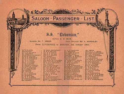 List of Passengers, Saloon Passenger List, SS Devonian, Leyland Line, 5 October 1901.