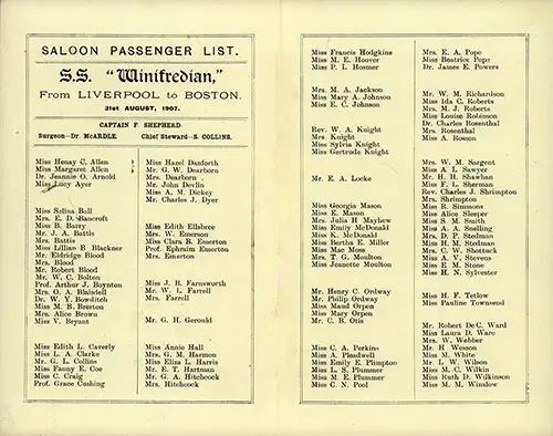 List of Passengers, Saloon Passenger List, SS Winifredian, Leyland Line, 31 August 1907.