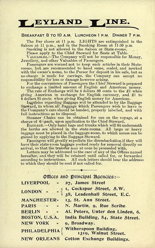 Passenger Information, Offices, and Principal Agencies, Back Cover, Saloon Passenger List, SS Winifredian, Leyland Line, 31 August 1907.