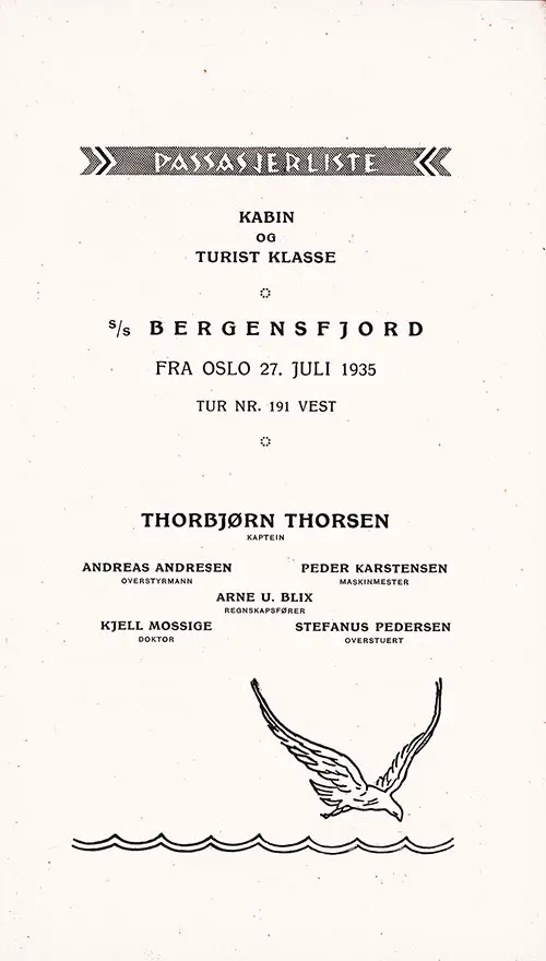 Title Page, SS Bergensfjord Cabin and Tourist Class Passenger List, 27 July 1935.