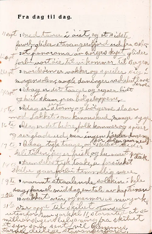 Trip Diary - Extract of Log for the 11 September 1937 Voyage of the SS Stavangerfjord, Written in Norwegian by the Original Owner of This Passengers.