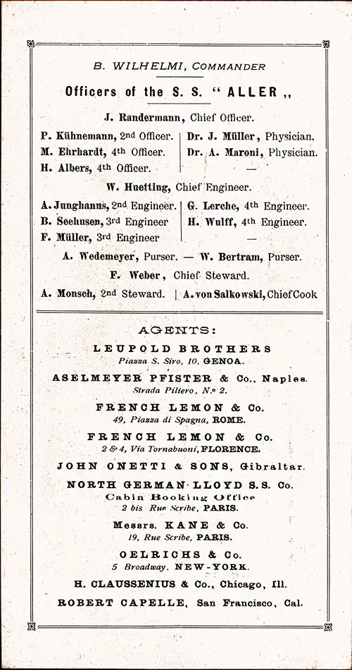Senior Officers and Staff, Agents of Norddeutscher Lloyd, SS Aller Cabin Passenger List, 16 January 1901.