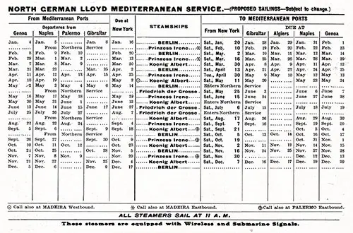 Sailing Schedule, New York-Mediterranean Ports, from 4 January 1912 to 20 December 1912.