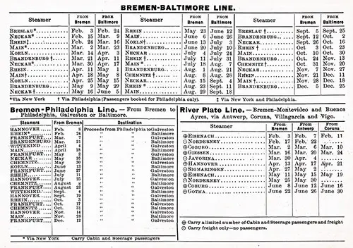 Sailing Schedule, Bremen-Baltimore Line, Bremen-Philadelphia Line, and the River Plate Line, from 3 February 1912 to 25 December 1912.