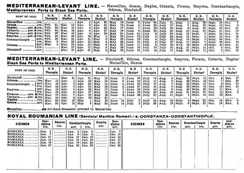 Sailing Schedule, Mediterranean-Levant Line and Royal Roumainian Line, from 4 January 1912 to 8 November 1912.