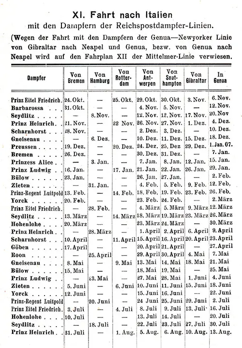 Sailing Schedule, Bremen-Hamburg-Rotterdam-Antwerp-Southampton-Gibraltar-Genoa, from 24 October 1906 to 13 August 1907.