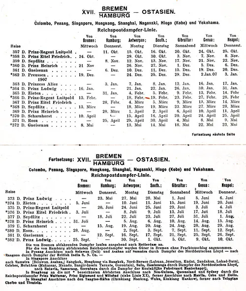 Sailing Schedule, Bremen or Hamburg to East Asia, from 11 October 1906 to 10 October 1907.