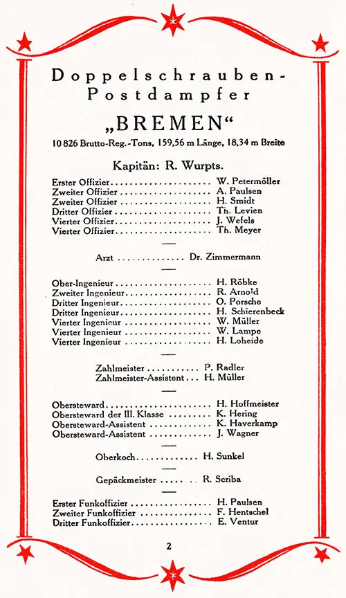 Senior Officers and Staff, SS Bremen Cabin Passenger List, 18 May 1927.