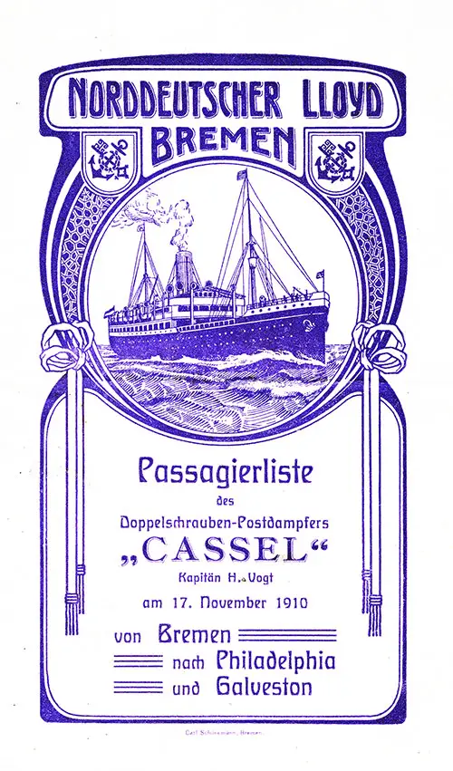 Front Cover, Cabin Passenger List from the SS Cassel of the North German Lloyd, Departing 17 November 1910 from Bremen to Philadelphia and Galveston.
