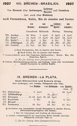 Sailing Schedule, Bremen-Brazil and Bremen-La Plata, from 30 March 1907 to 4 June 1907.