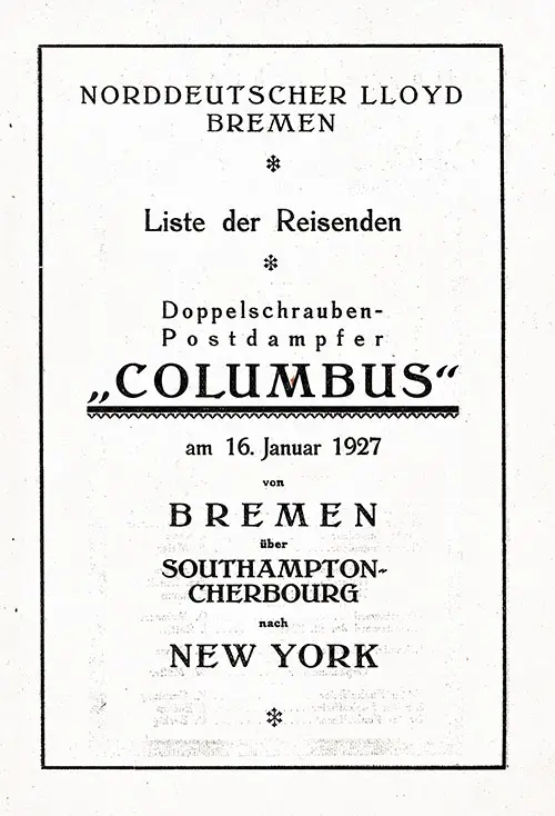 Title Page, SS Columbus Third Class Passenger List, 16 January 1927.
