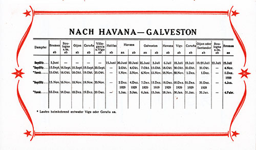 Sailing Schedule, Bremen-Havana-Galveston, from 5 June 1928 to 4 February 1929.