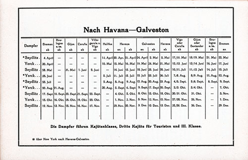 Sailing Schedule, Bremen-Havana-Galveston, from 4 April 1929 to 29 December 1929.