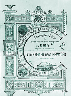 Front Cover, Steerage Passenger List for the SS Ems of the North German Lloyd, Departing Saturday, 7 September 1895 from Bremen to New York.