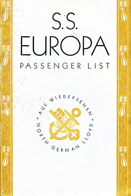 Front Cover, Tourist Class Passenger List from the SS Europa of the North German Lloyd, Departing 17 July 1935 from New York to Bremen via Cherbourg and Southampton.