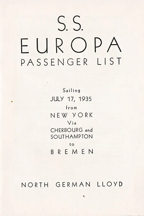 Title Page, SS Europa Tourist Class Passenger List, 17 July 1935.