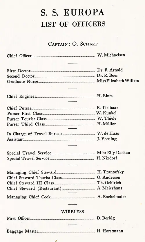 List of Officers, SS Europa Tourist Class Passenger List, 17 July 1935.