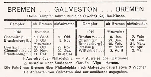 Sailing Schedule, Bremen-Galveston-Bremen, from 18 September 1913 to 2 May 1914.