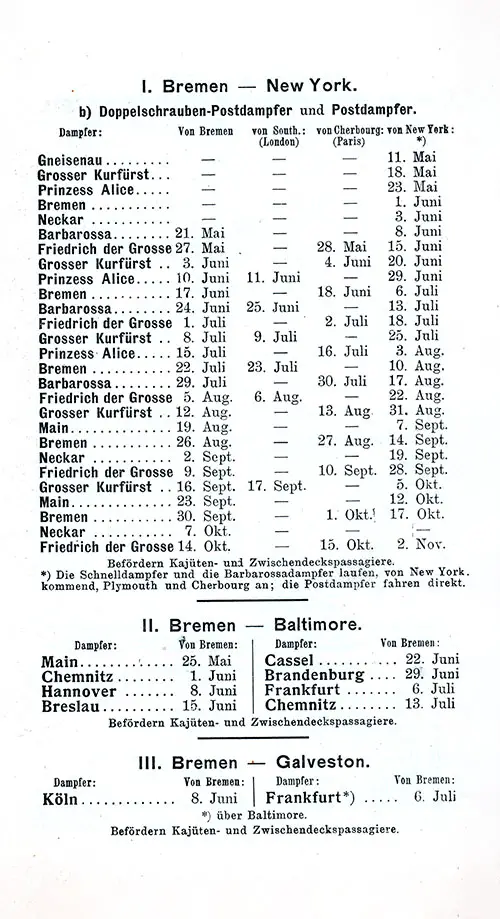 Sailing Schedule, Bremen-New York, Bremen-Baltimore, and Bremen-Galveston, from 11 May 1905 to 2 November 1905.